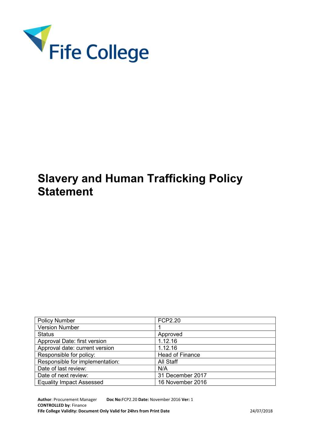 Slavery and Human Trafficking Policy Statement