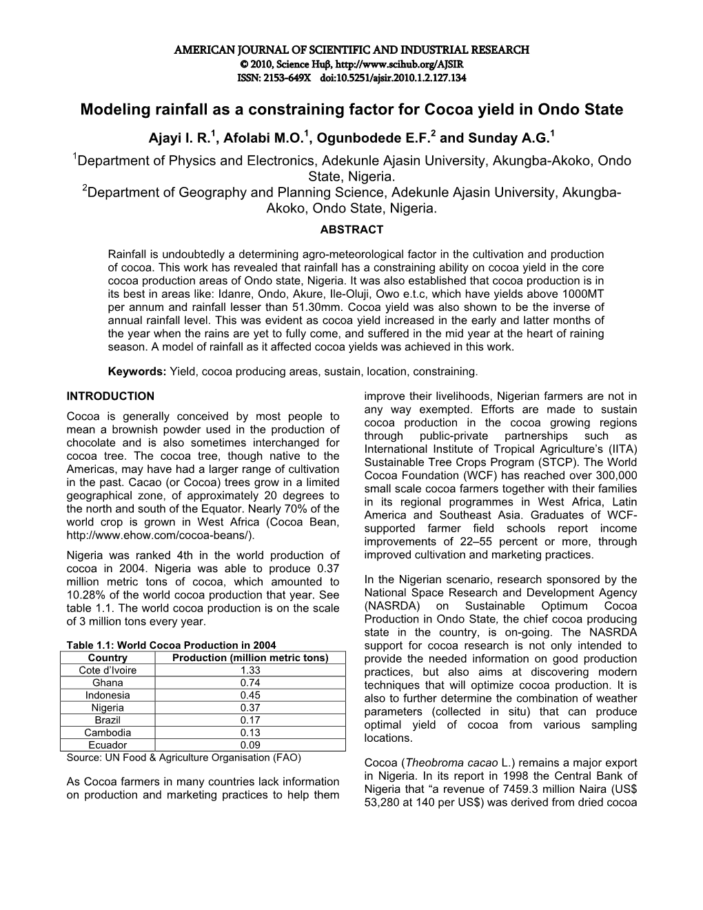 Modeling Rainfall As a Constraining Factor for Cocoa Yield in Ondo State Ajayi I