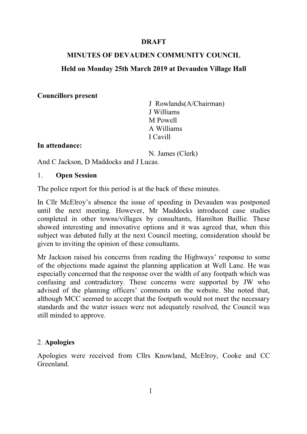 DRAFT MINUTES of DEVAUDEN COMMUNITY COUNCIL Held on Monday 25Th March 2019 at Devauden Village Hall