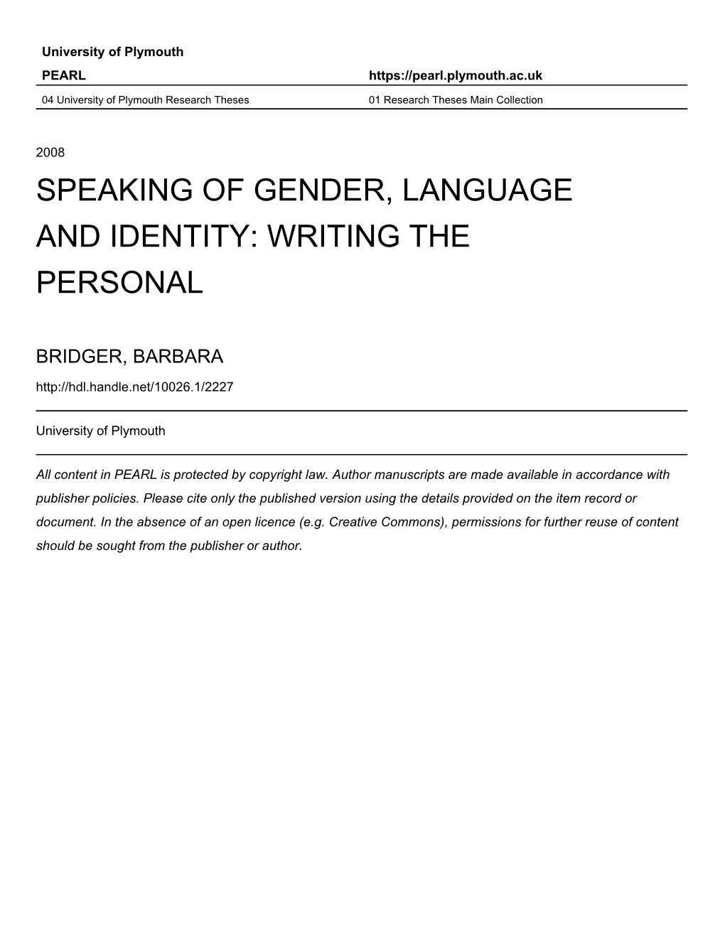 Writing the Personal Barbara Bridger 2008