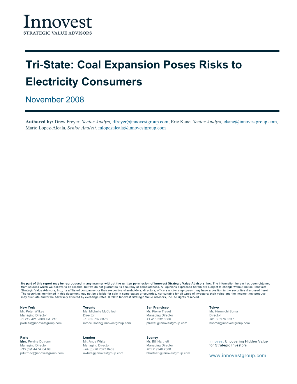 Tri-State: Coal Expansion Poses Risks to Electricity Consumers November 2008