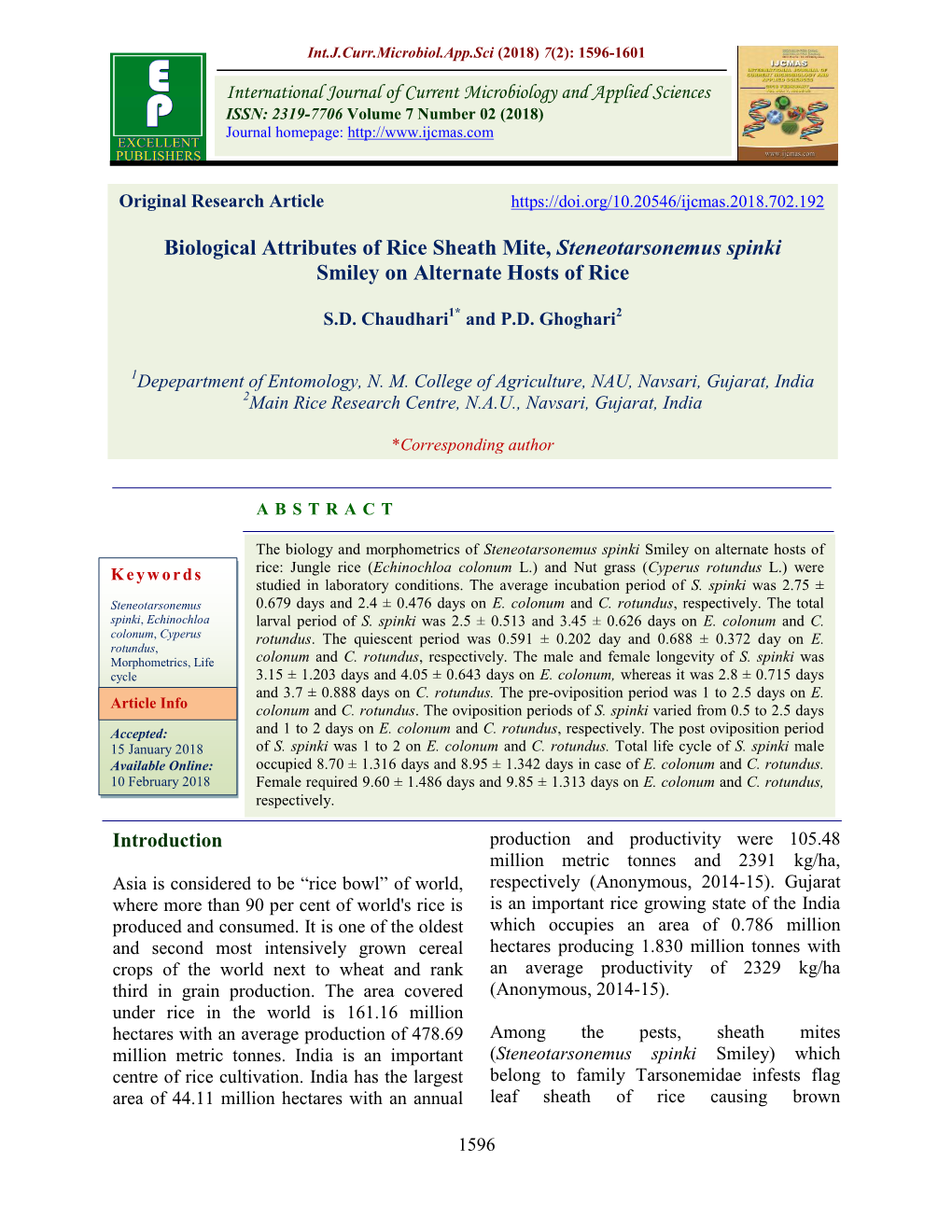 Biological Attributes of Rice Sheath Mite, Steneotarsonemus Spinki Smiley on Alternate Hosts of Rice