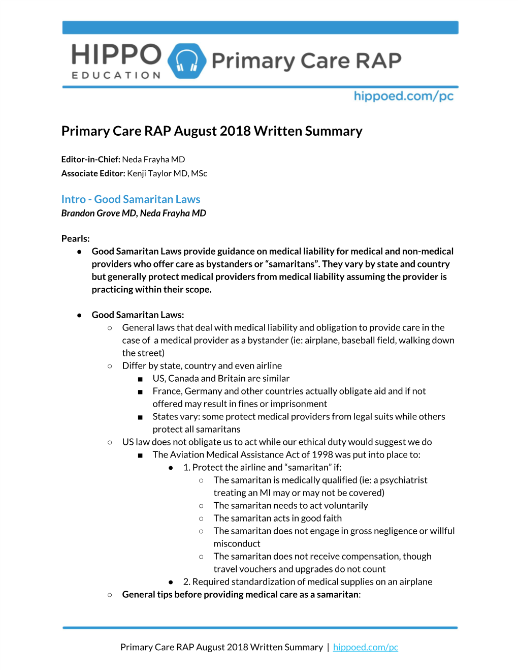 Primary Care RAP August 2018 Written Summary