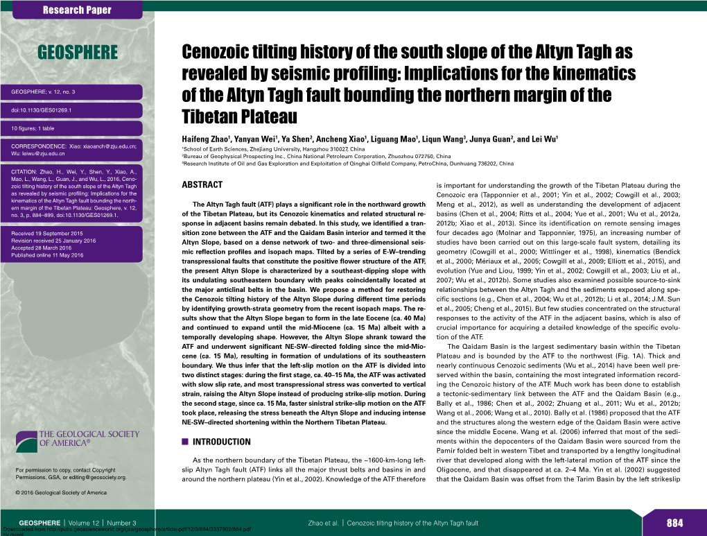 Cenozoic Tilting History of the South Slope of the Altyn Tagh As Revealed by Seismic Profiling: Implications for the Kinematics GEOSPHERE; V