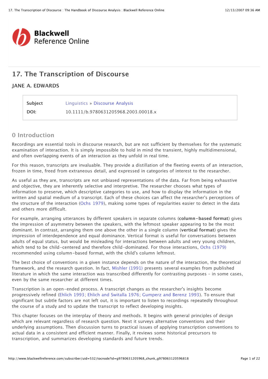 17. the Transcription of Discourse : the Handbook of Discourse Analysis : Blackwell Reference Online 12/13/2007 09:36 AM