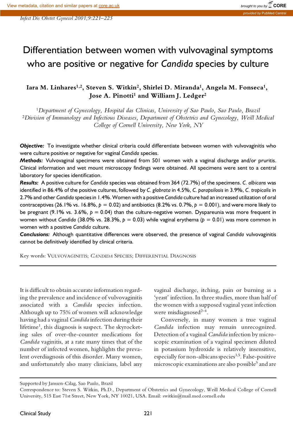 Differentiation Between Women with Vulvovaginal Symptoms Who Are Positive Or Negative for Candida Species by Culture