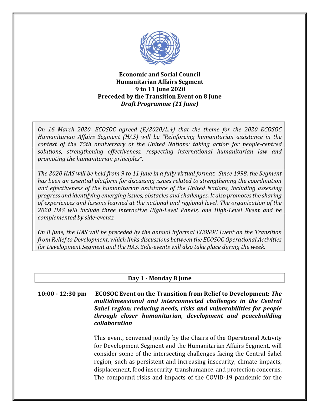 Economic and Social Council Humanitarian Affairs Segment 9 to 11 June 2020 Preceded by the Transition Event on 8 June Draft Programme (11 June)
