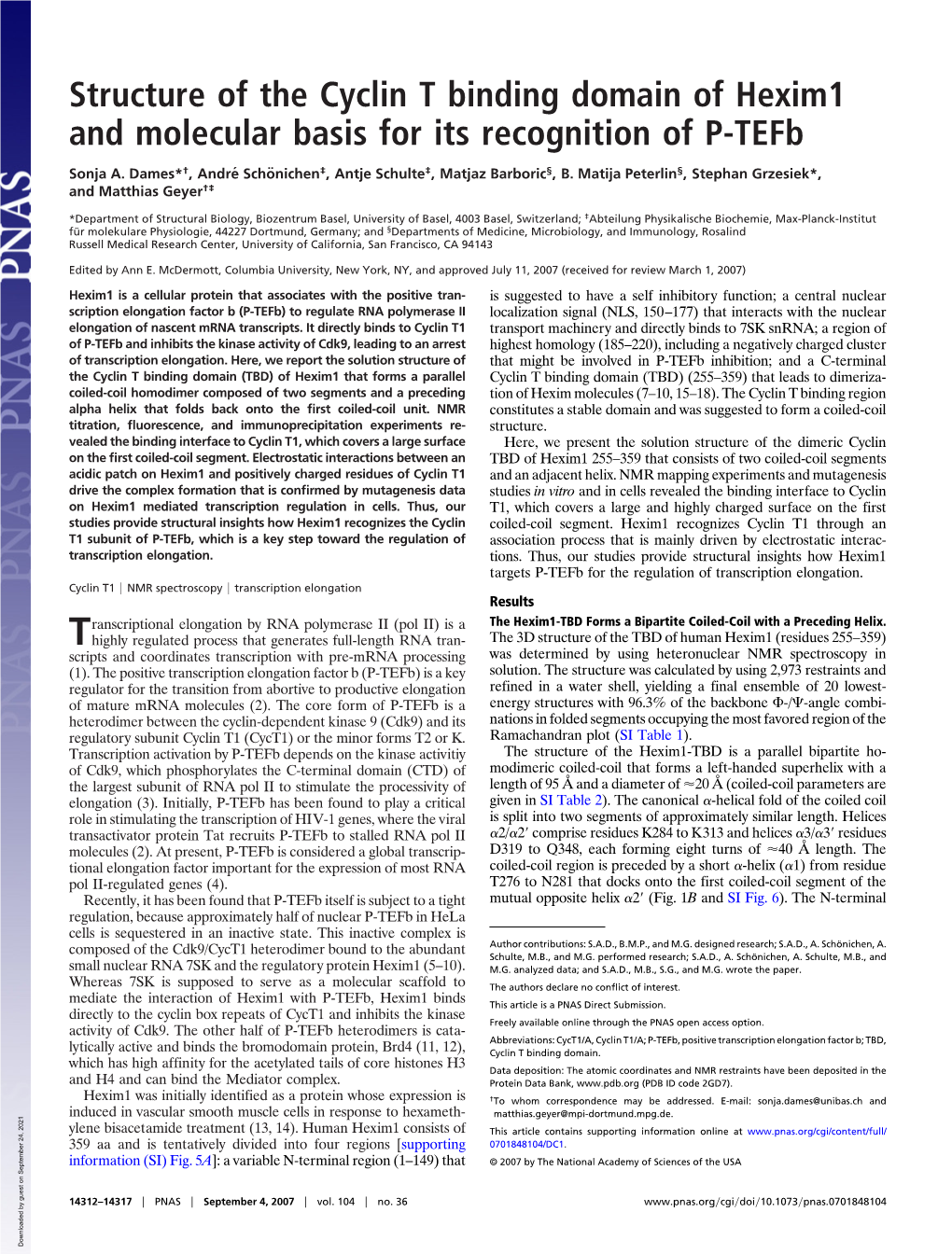 Structure of the Cyclin T Binding Domain of Hexim1 and Molecular Basis for Its Recognition of P-Tefb