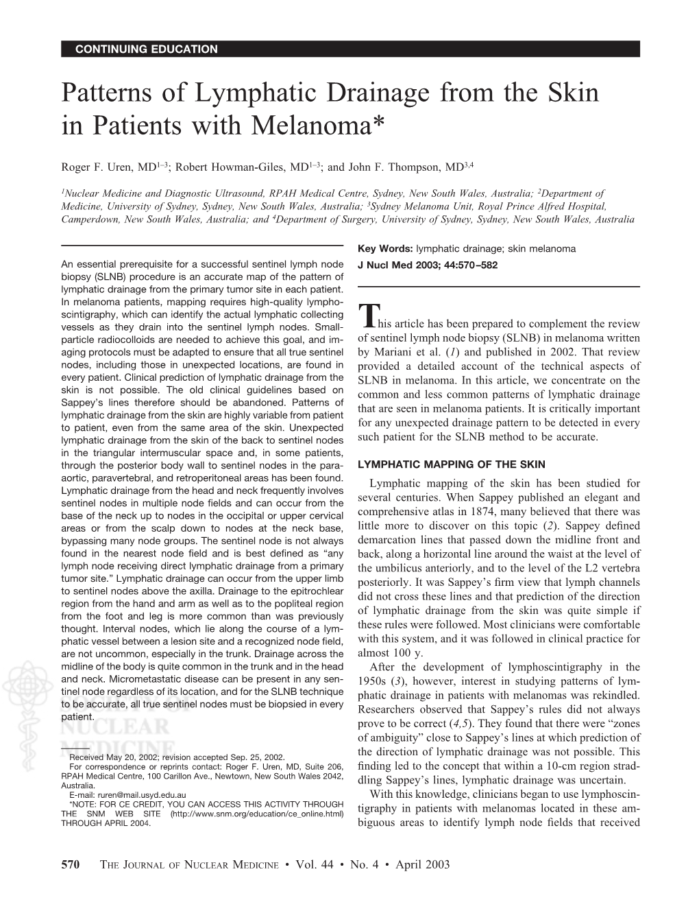 Patterns of Lymphatic Drainage from the Skin in Patients with Melanoma*