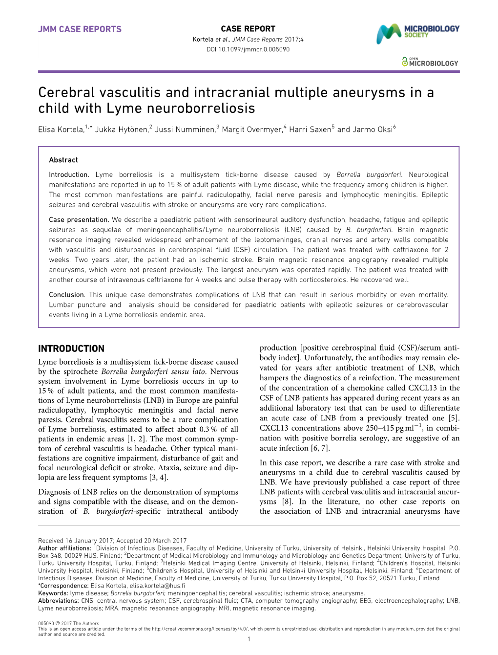 Cerebral Vasculitis and Intracranial Multiple Aneurysms in a Child with Lyme Neuroborreliosis