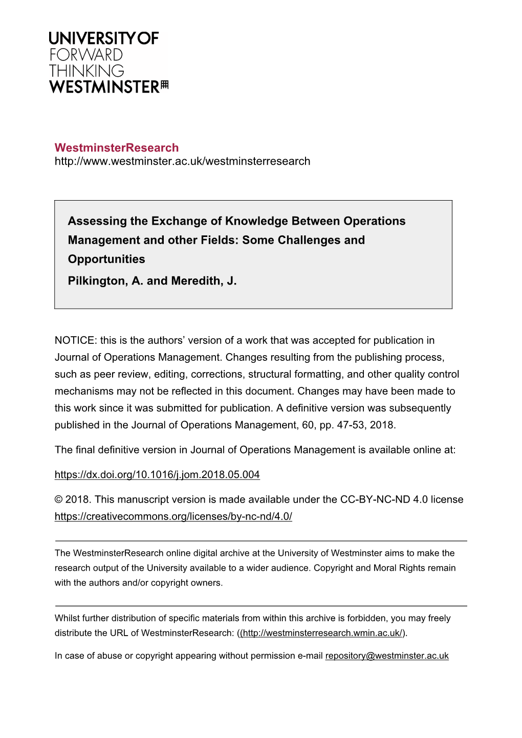 Westminsterresearch Assessing the Exchange of Knowledge Between Operations Management and Other Fields
