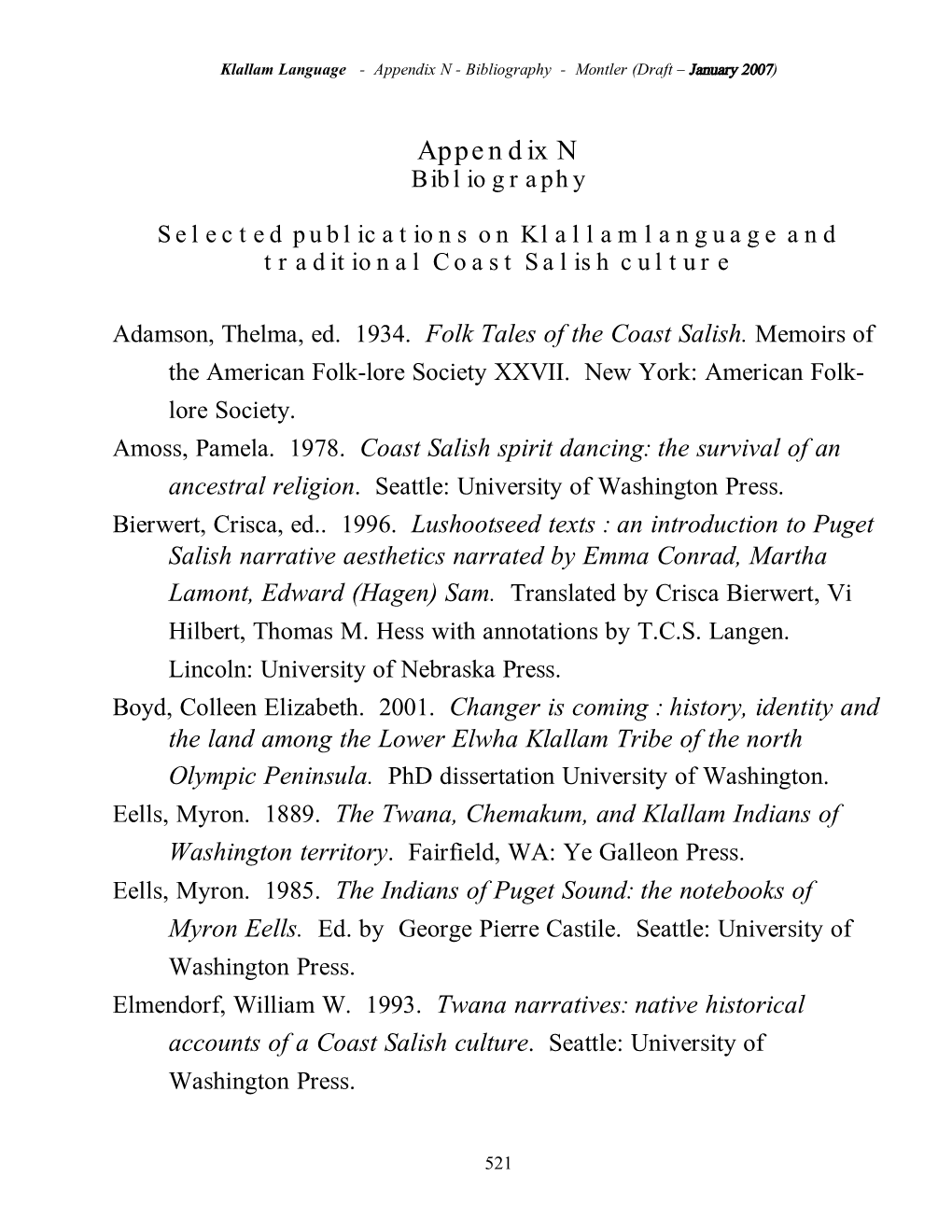 Appendix N Bibliography Selected Publications on Klallam Language