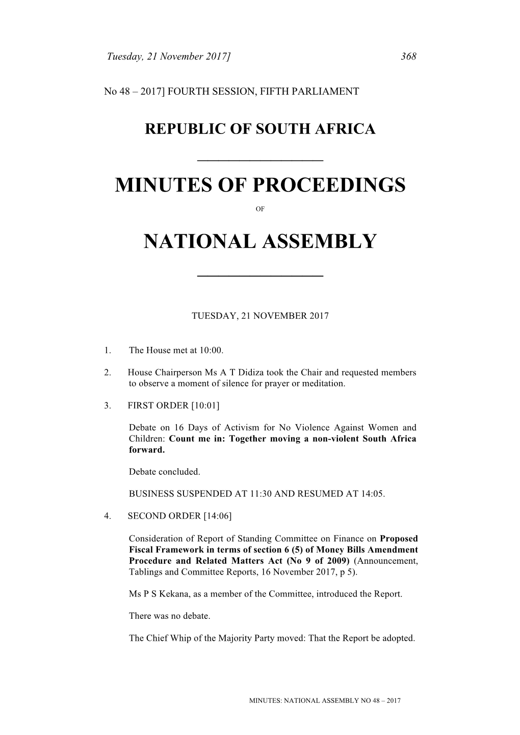 Minutes of Proceedings National Assembly