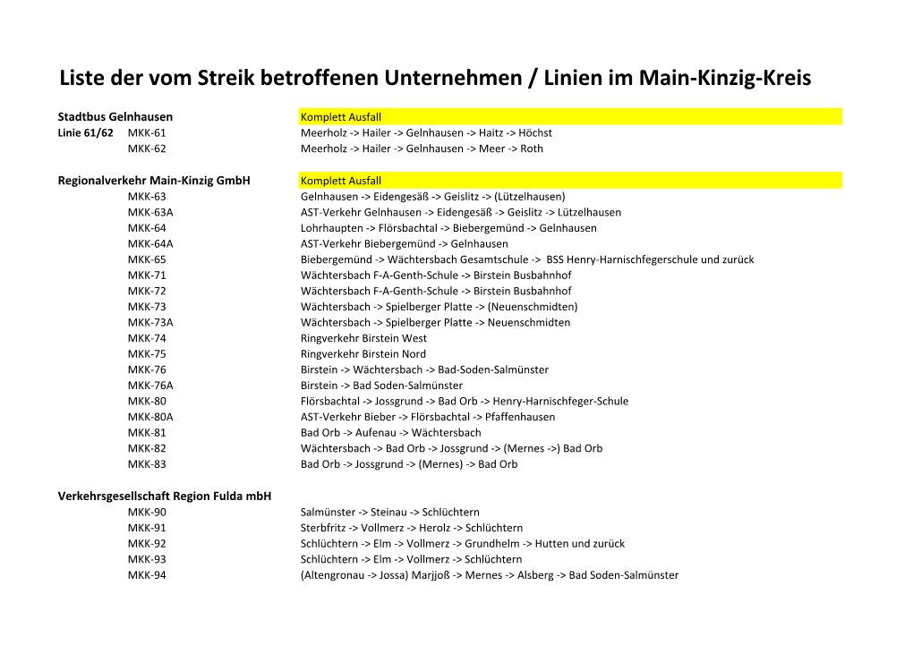 Liste Der Vom Streik Betroffenen Unternehmen / Linien Im Main-Kinzig-Kreis