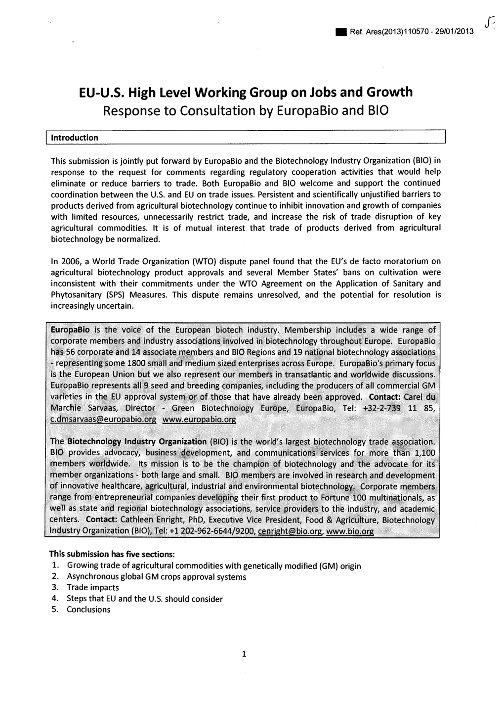 Response to Consultation by Europabio and BIO