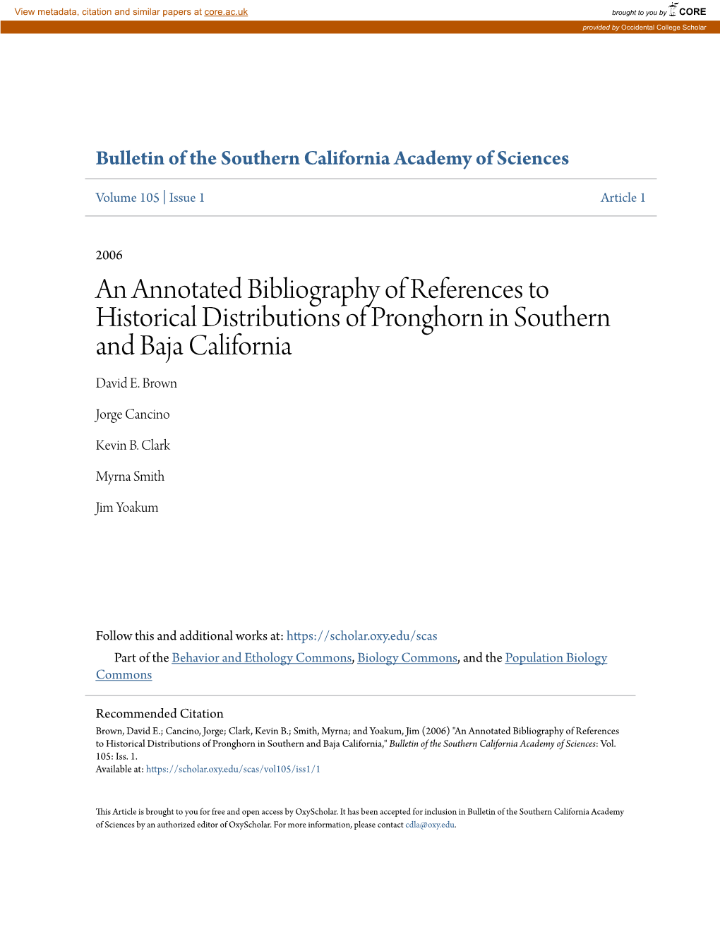 An Annotated Bibliography of References to Historical Distributions of Pronghorn in Southern and Baja California David E