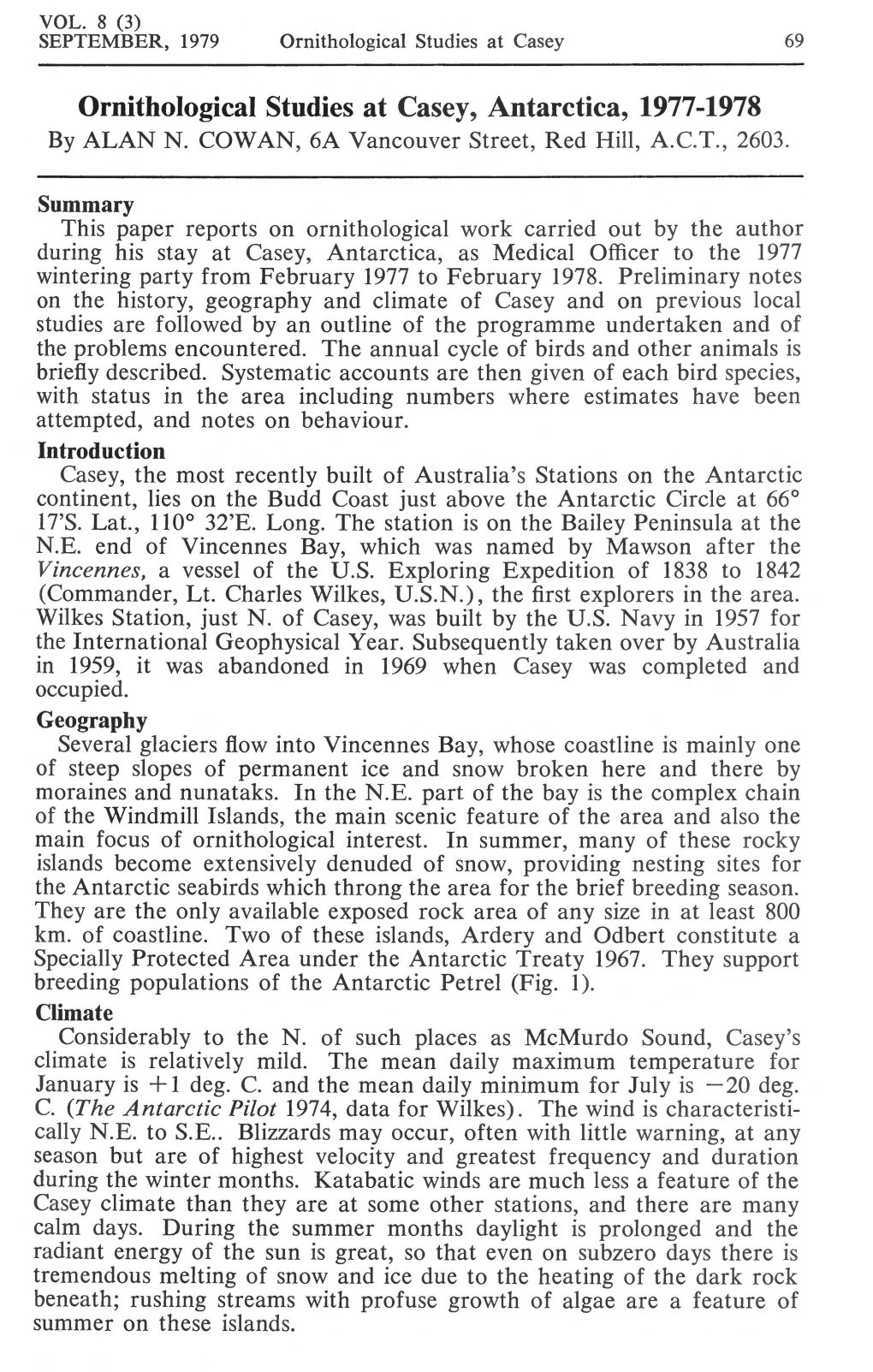 Ornithological Studies at Casey, Antarctica, 1977-1978 by ALAN N