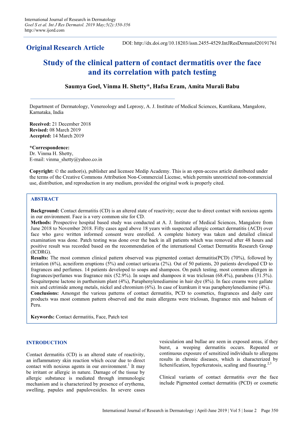 Study of the Clinical Pattern of Contact Dermatitis Over the Face and Its Correlation with Patch Testing