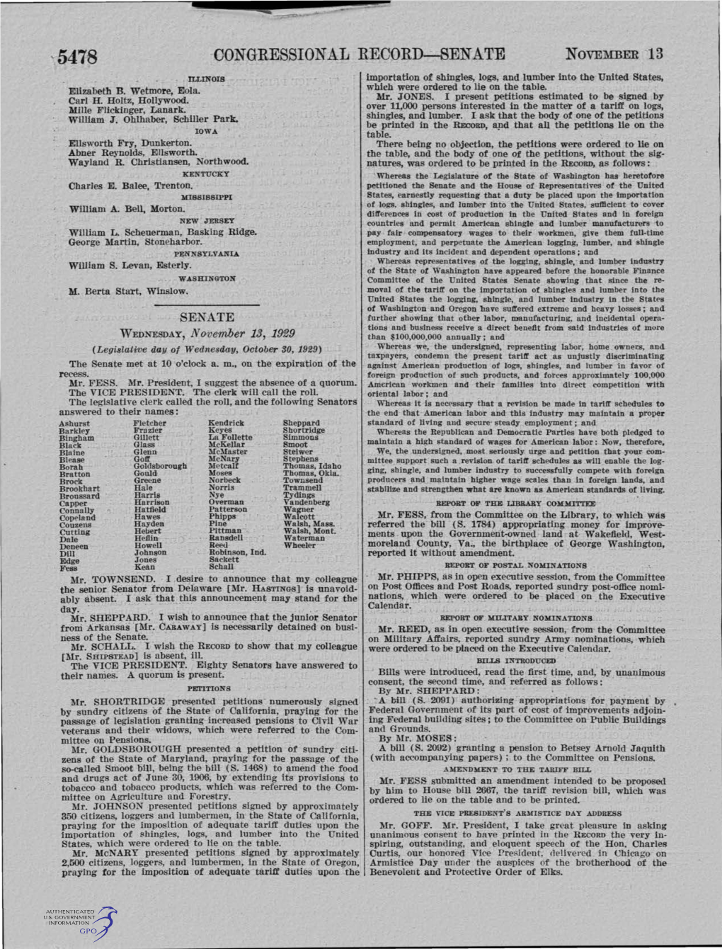 547·8 CONGRESSIONAL RECORD-SENATE November 13 ILLINOIS Importation of Shingles, Logs, and Lumber Into the United States, Elizabeth B