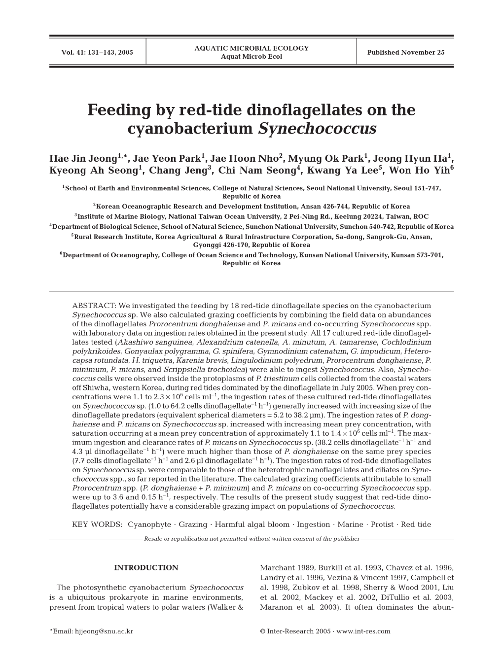 Feeding by Red-Tide Dinoflagellates on the Cyanobacterium Synechococcus