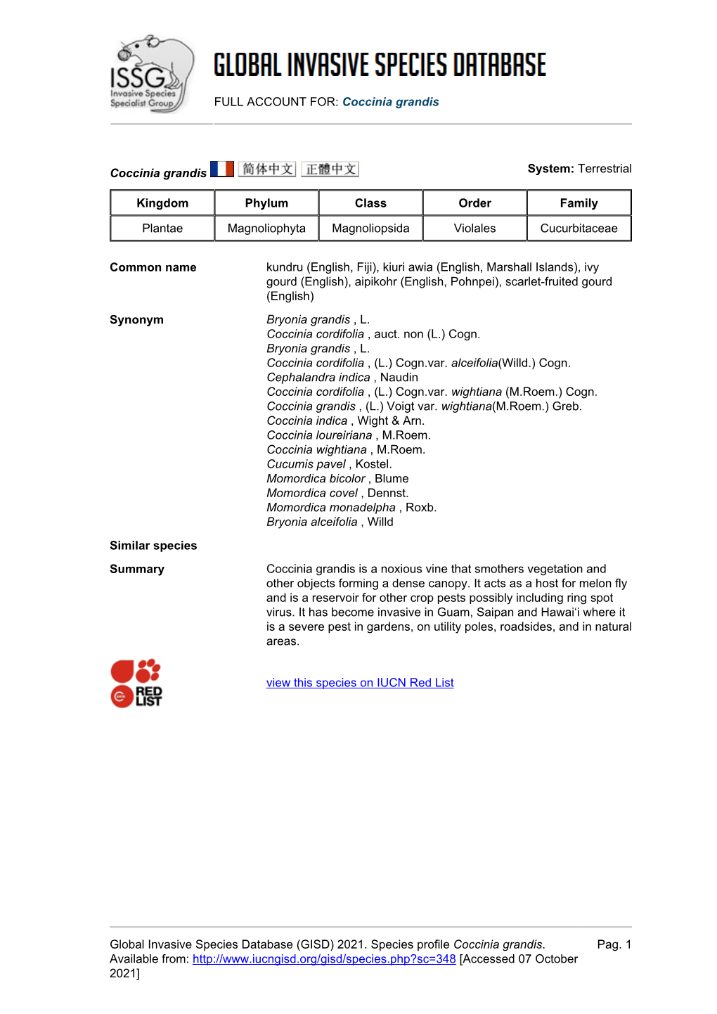 (GISD) 2021. Species Profile Coccinia Grandis. Available