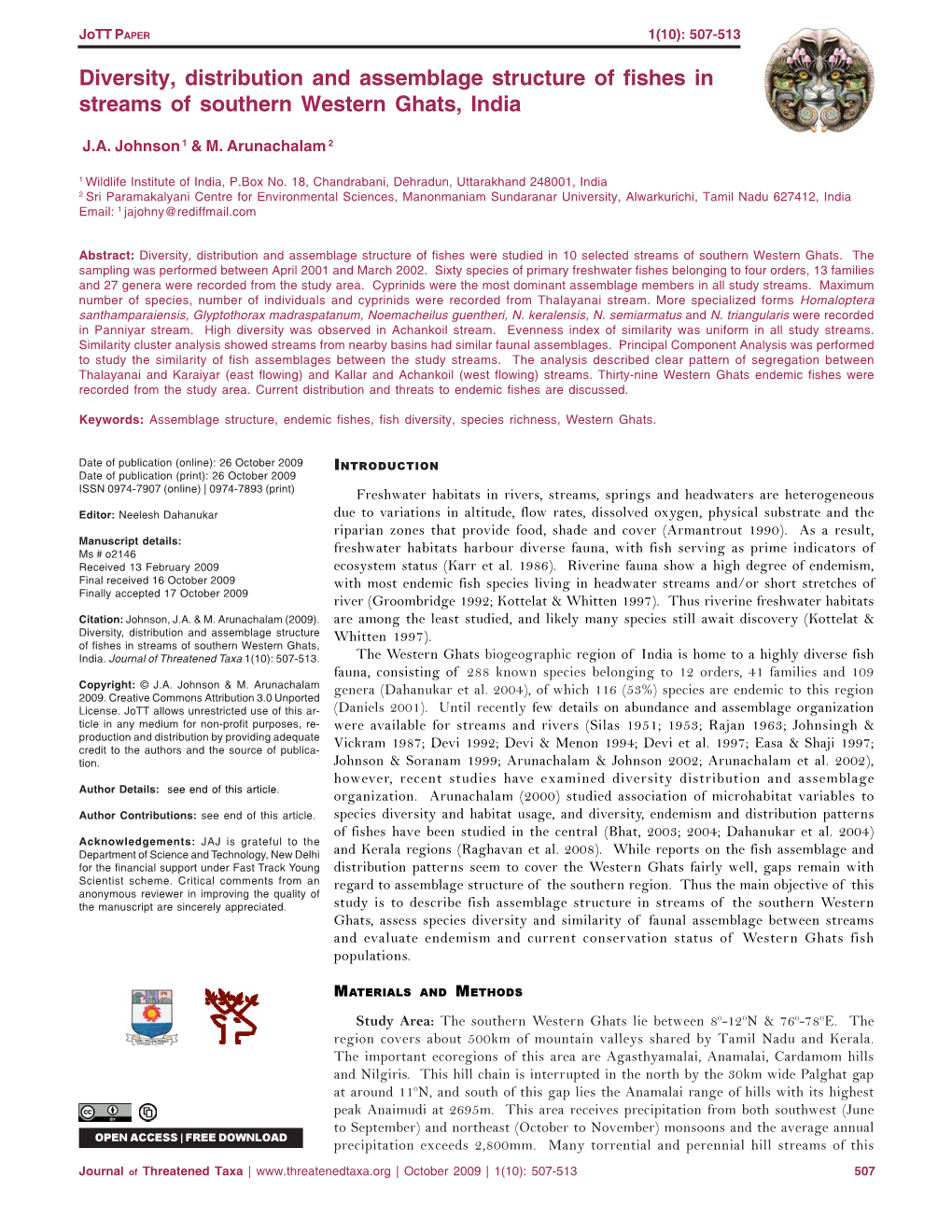 Diversity, Distribution and Assemblage Structure of Fishes in Streams of Southern Western Ghats, India