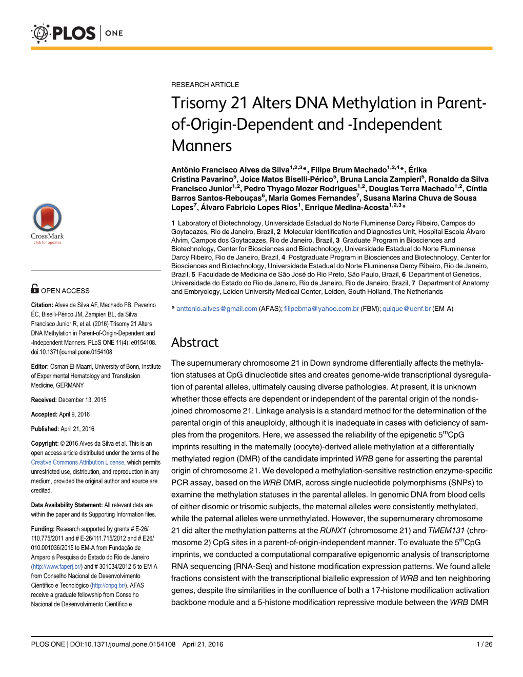 Trisomy 21 Alters DNA Methylation in Parent-Of-Origin-Dependent and -Independent Manners