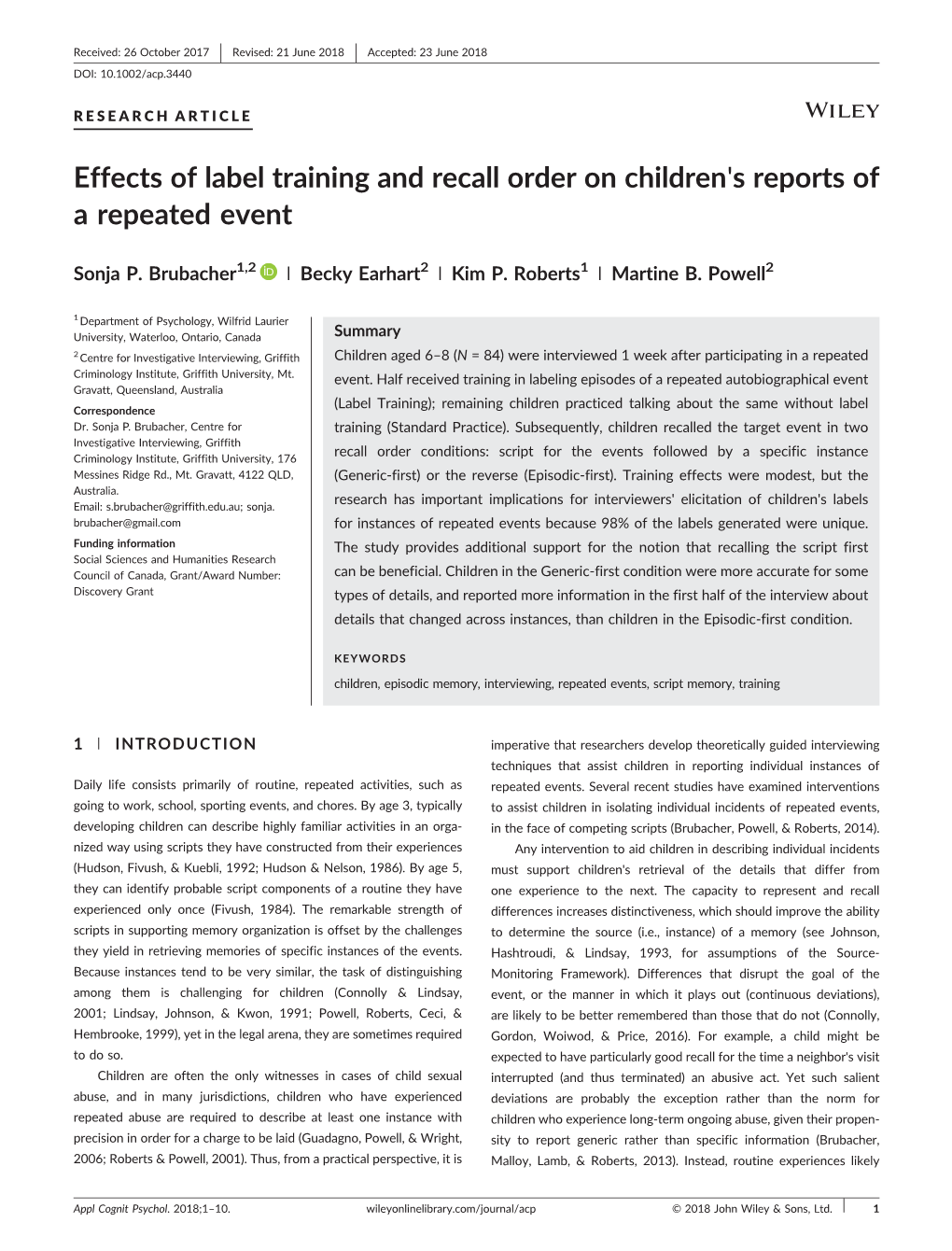 Effects of Label Training and Recall Order on Children's Reports of a Repeated Event