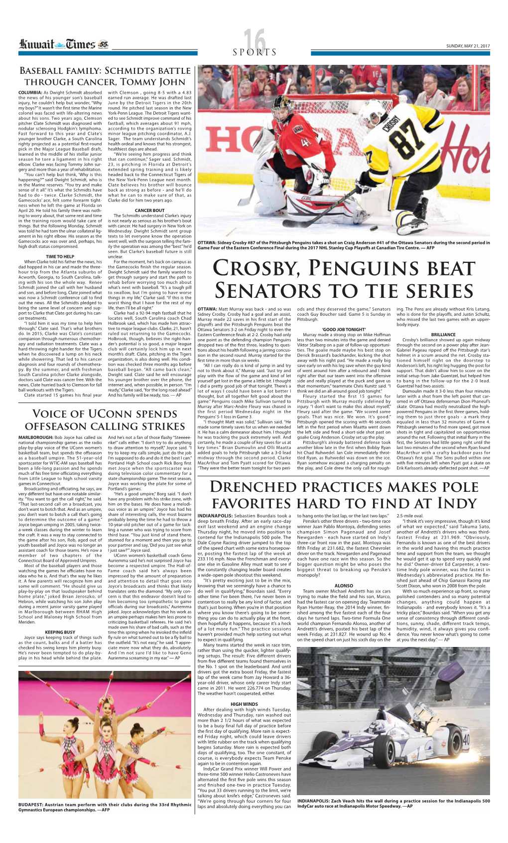 Crosby, Penguins Beat Senators to Tie Series