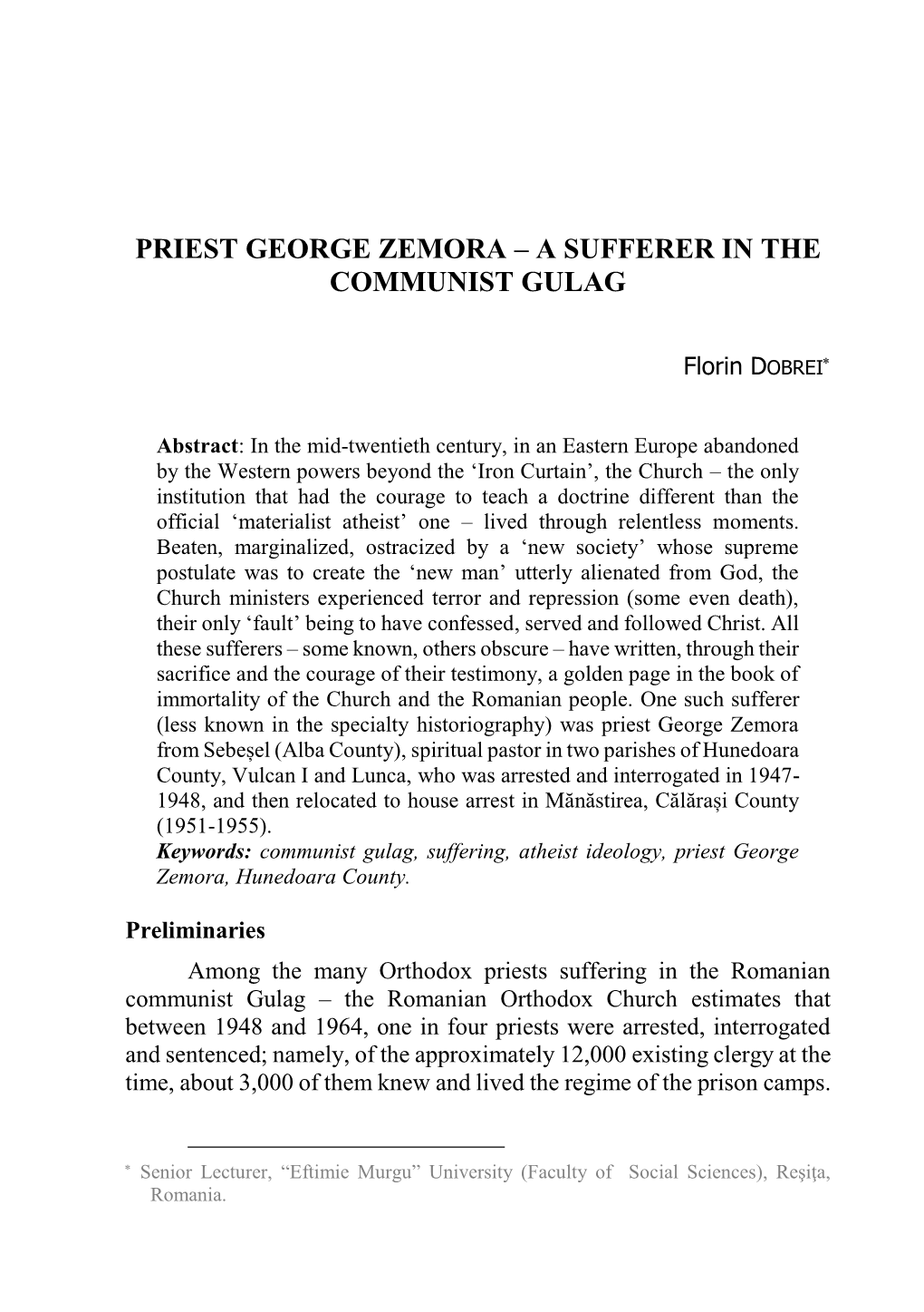 Priest George Zemora – a Sufferer in the Communist Gulag