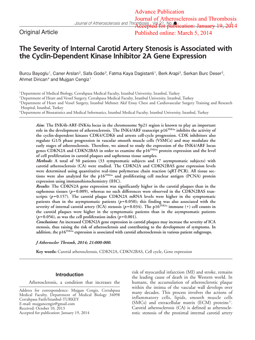 The Severity of Internal Carotid Artery Stenosis Is Associated with the Cyclin-Dependent Kinase Inhibitor 2A Gene Expression