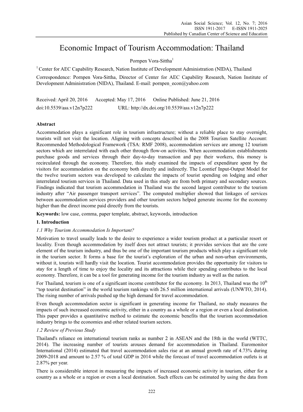 Economic Impact of Tourism Accommodation: Thailand