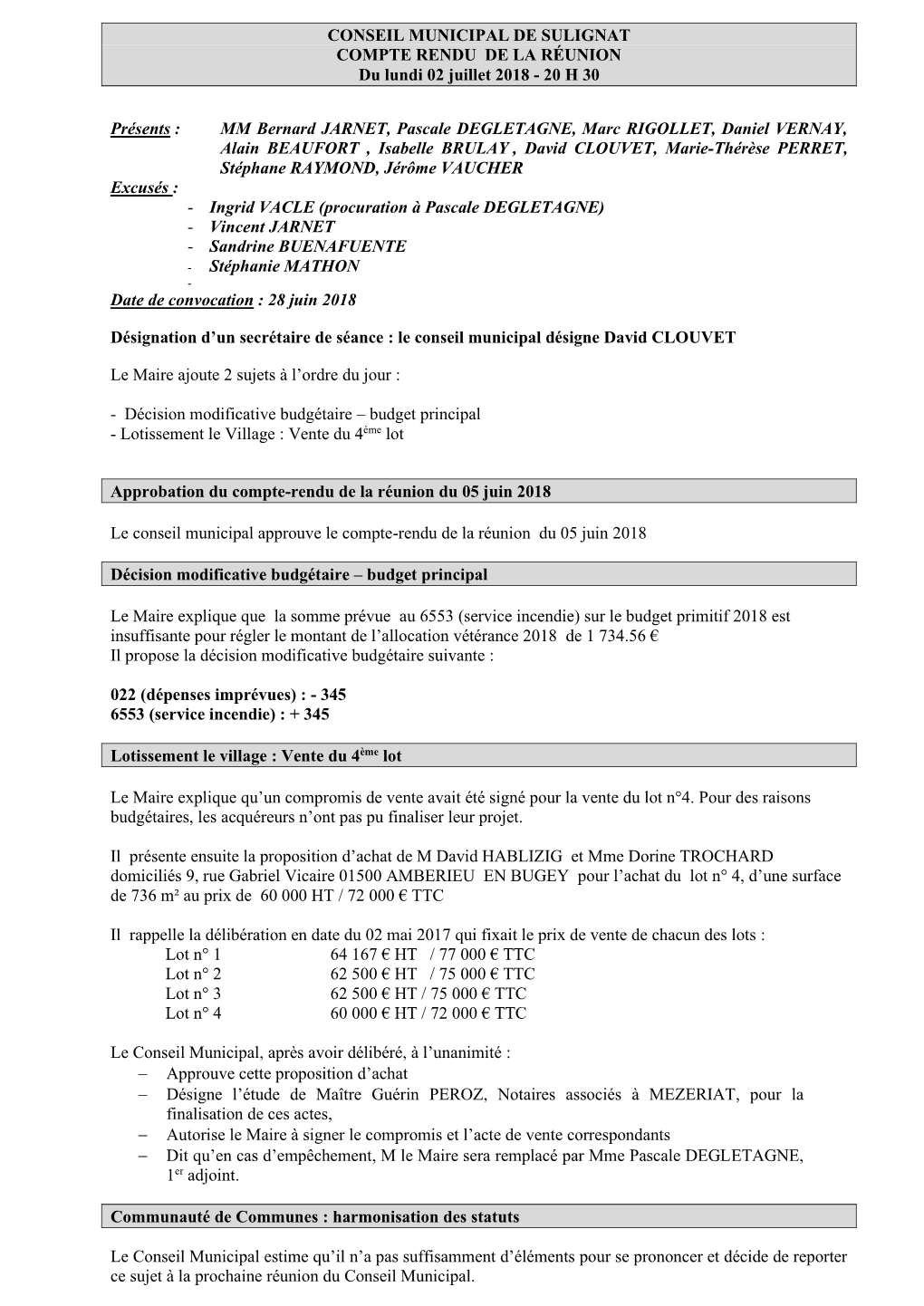 CONSEIL MUNICIPAL DE SULIGNAT COMPTE RENDU DE LA RÉUNION Du Lundi 02 Juillet 2018 - 20 H 30