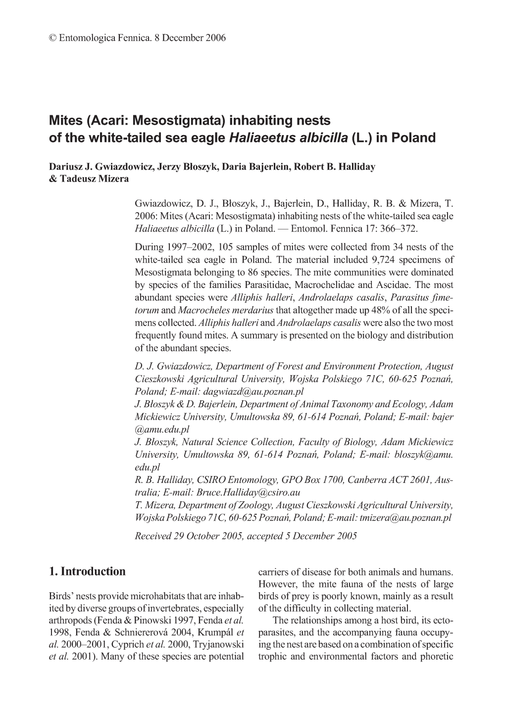 Mites (Acari: Mesostigmata) Inhabiting Nests of the White-Tailed Sea Eagle Haliaeetus Albicilla (L.) in Poland