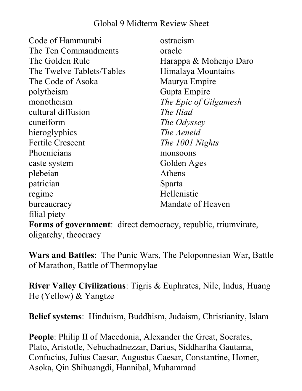 Global 9 Midterm Review Sheet