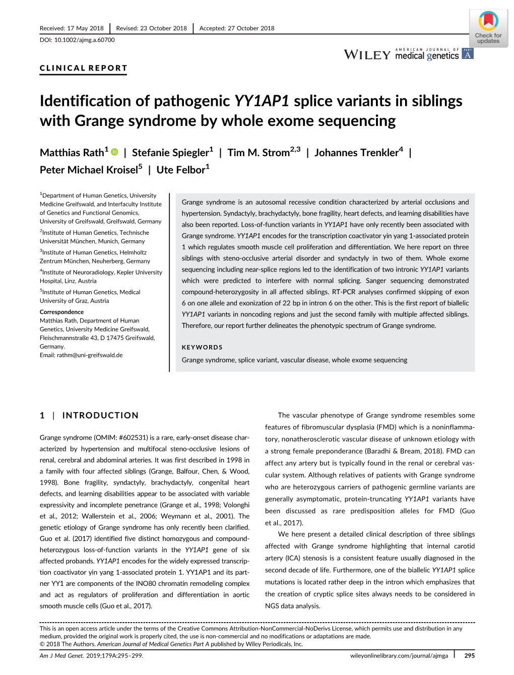 Identification of Pathogenic YY1AP1 Splice Variants in Siblings with Grange Syndrome by Whole Exome Sequencing