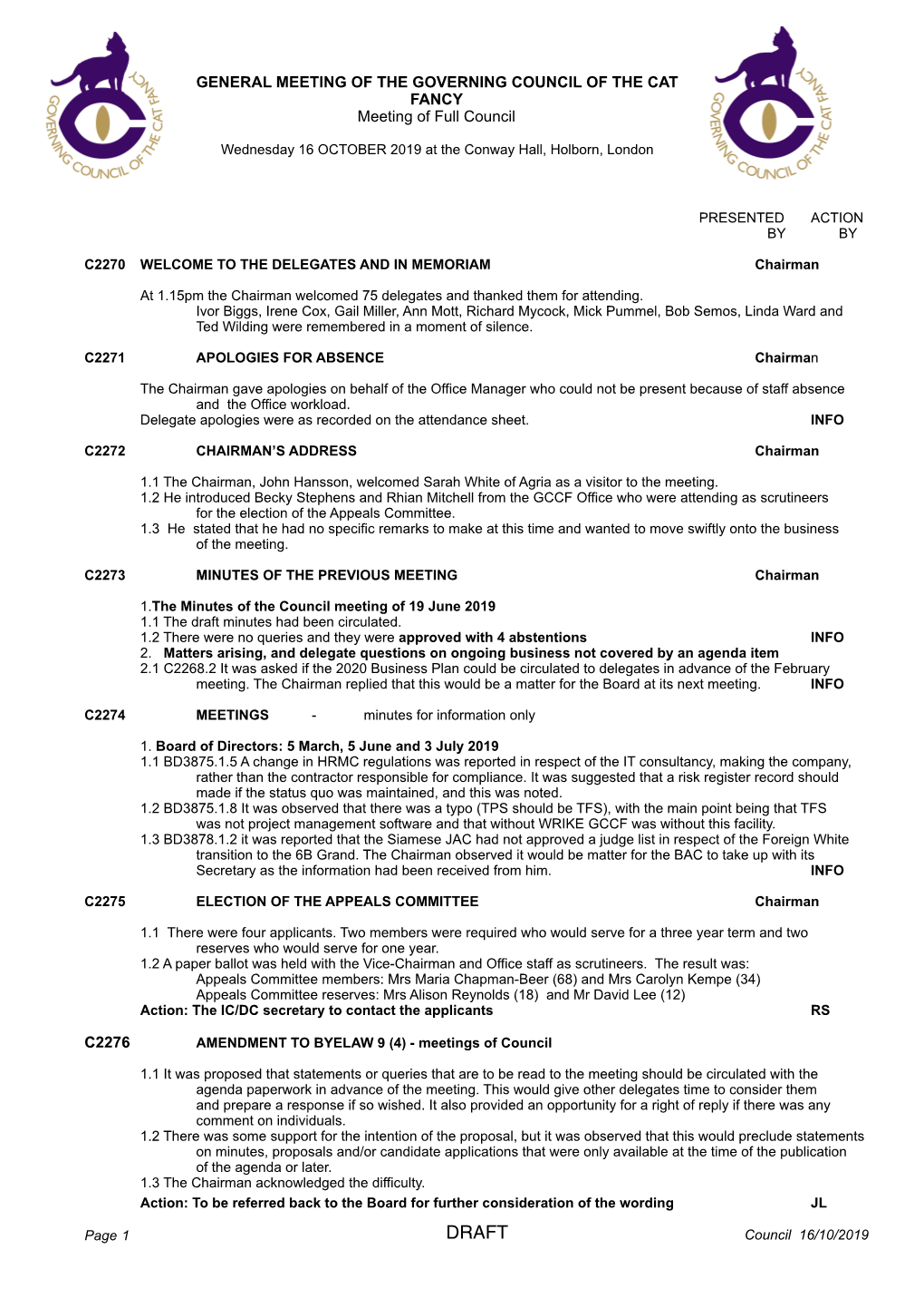 GENERAL MEETING of the GOVERNING COUNCIL of the CAT FANCY Meeting of Full Council