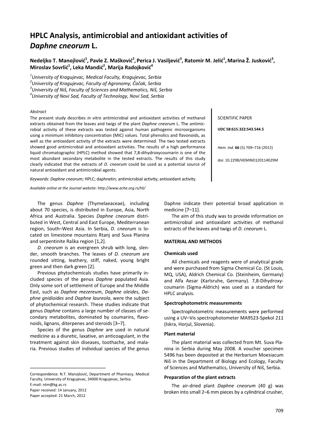 HPLC Analysis, Antimicrobial and Antioxidant Activities of Daphne Cneorum L