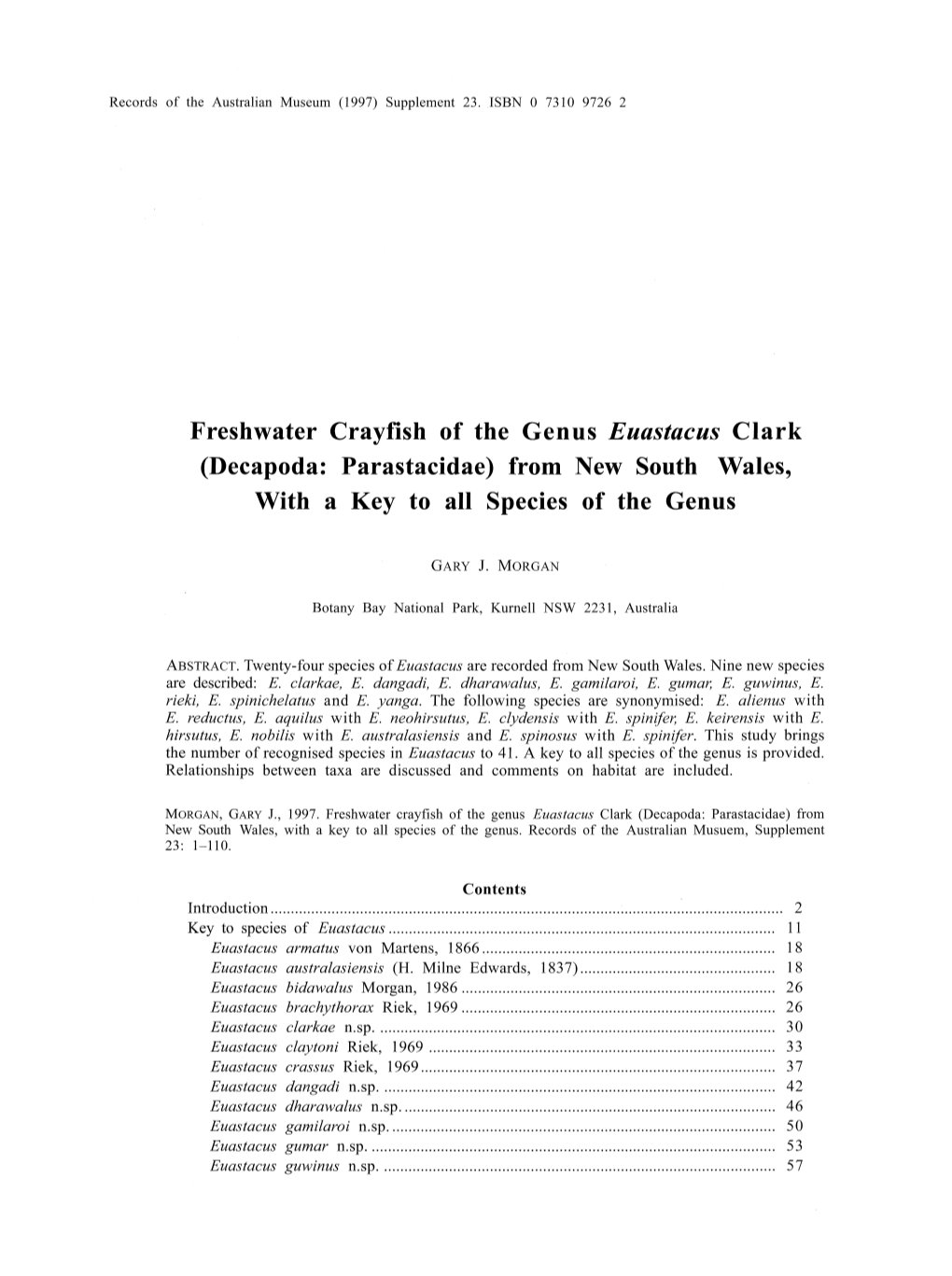 Freshwater Crayfish of the Genus Euastacus Clark (Decapoda: Parastacidae) from New South Wales, with a Key to All Species of the Genus