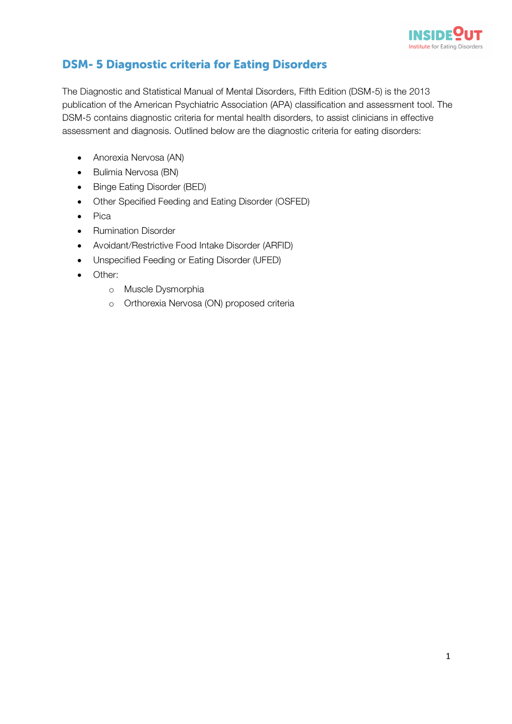 DSM- 5 Diagnostic Criteria for Eating Disorders