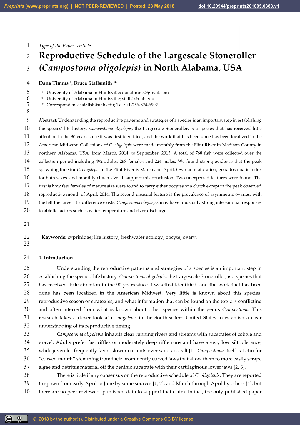 Reproductive Schedule of the Largescale Stoneroller 3 (Campostoma Oligolepis) in North Alabama, USA