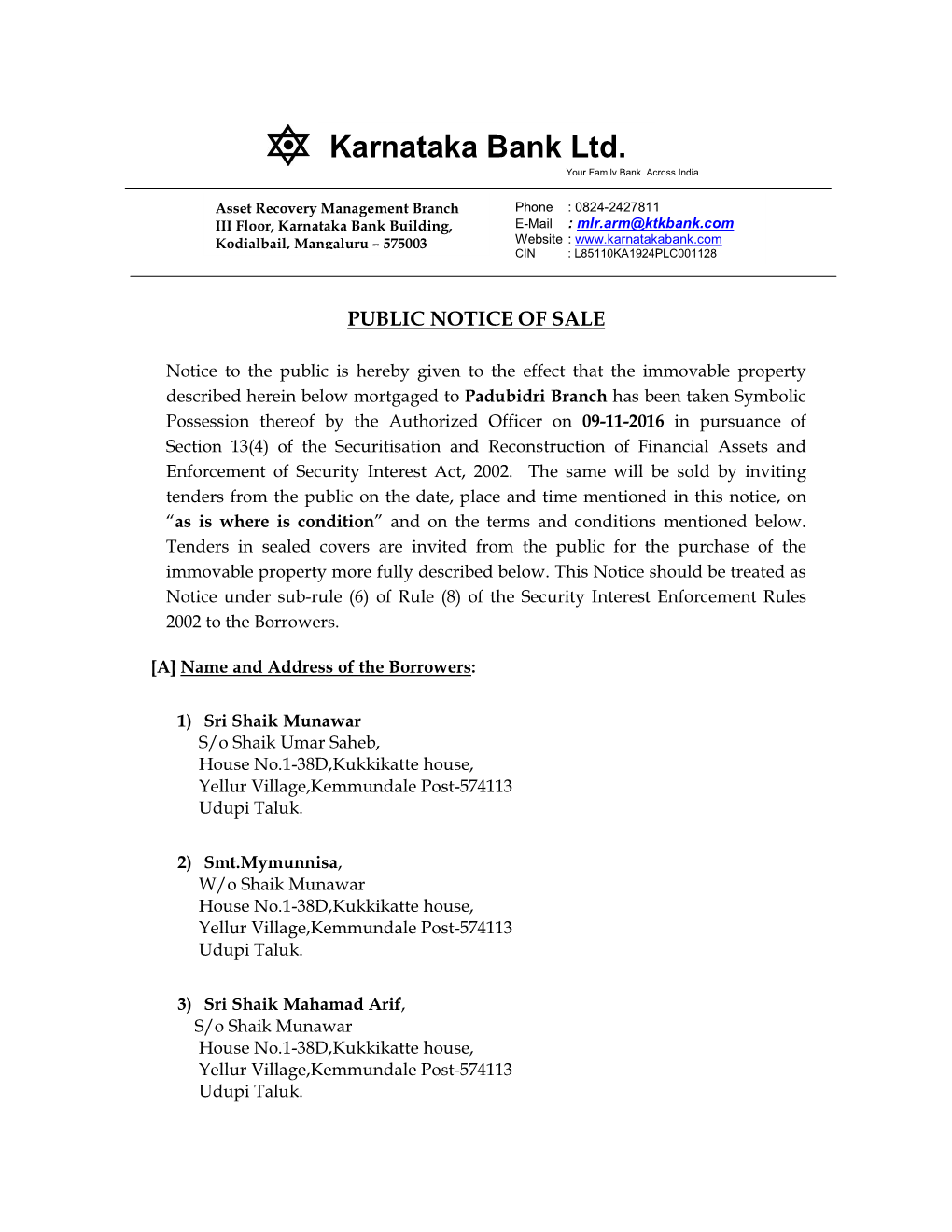 Karnataka Bank Ltd. Your Family Bank, Across India