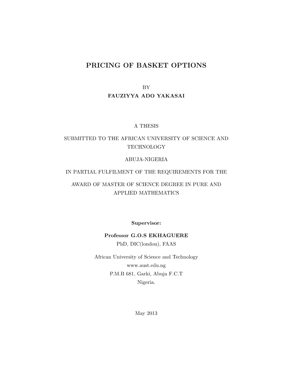 Pricing of Basket Options