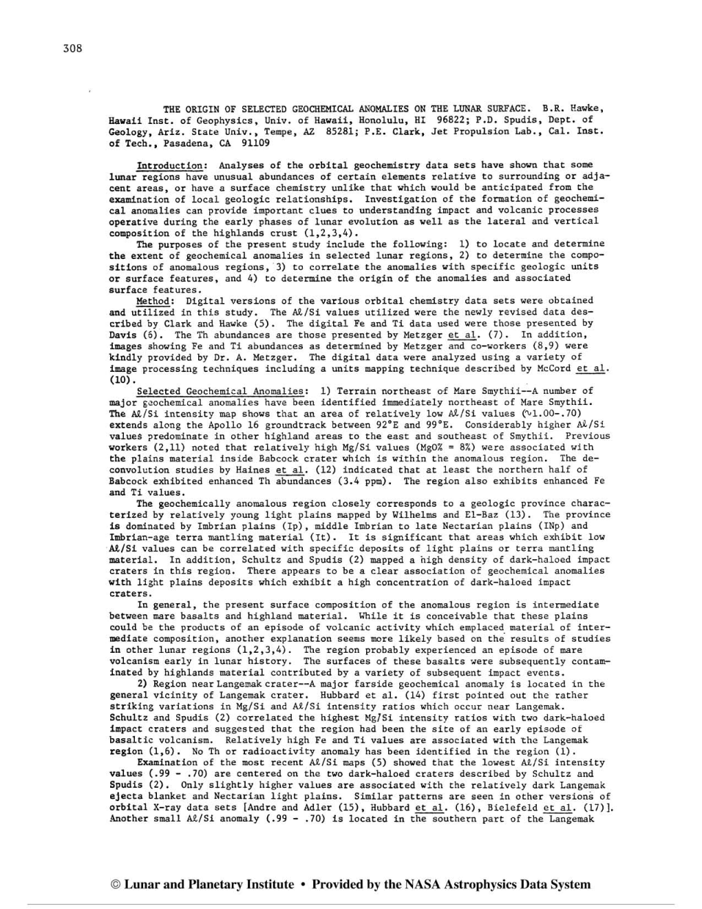 O Lunar and Planetary Institute Provided by the NASA Astrophysics Data System GEOCHEMICAL ANOMALIES