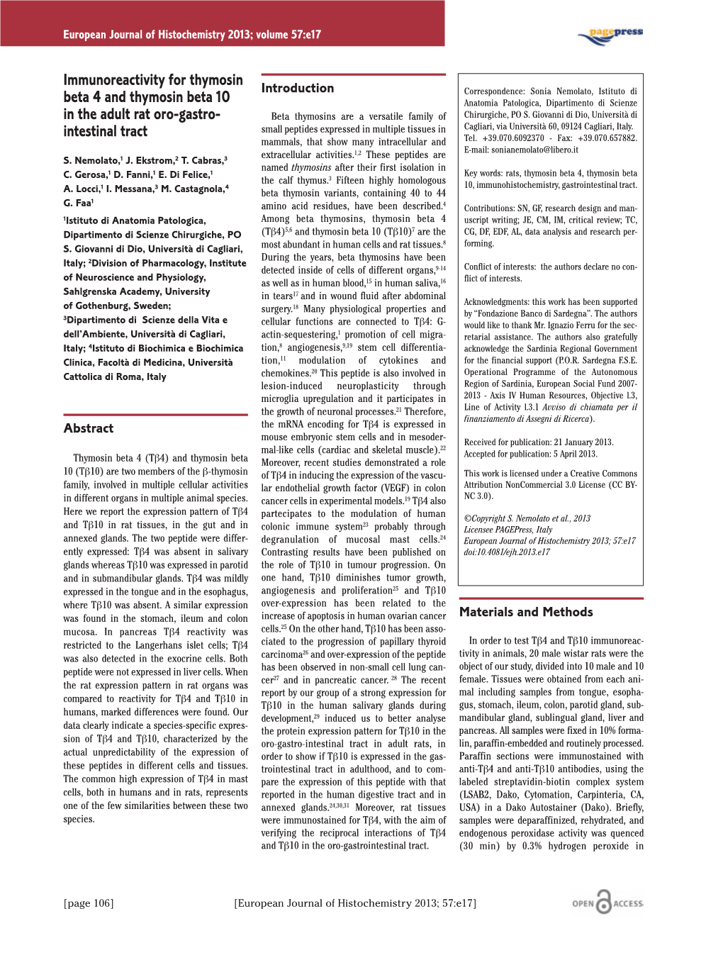 Immunoreactivity for Thymosin Beta 4 and Thymosin Beta