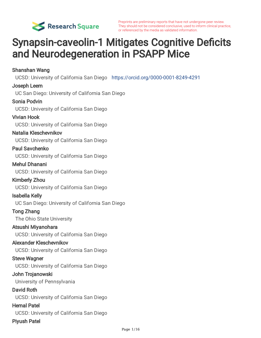 Synapsin-Caveolin-1 Mitigates Cognitive De Cits And