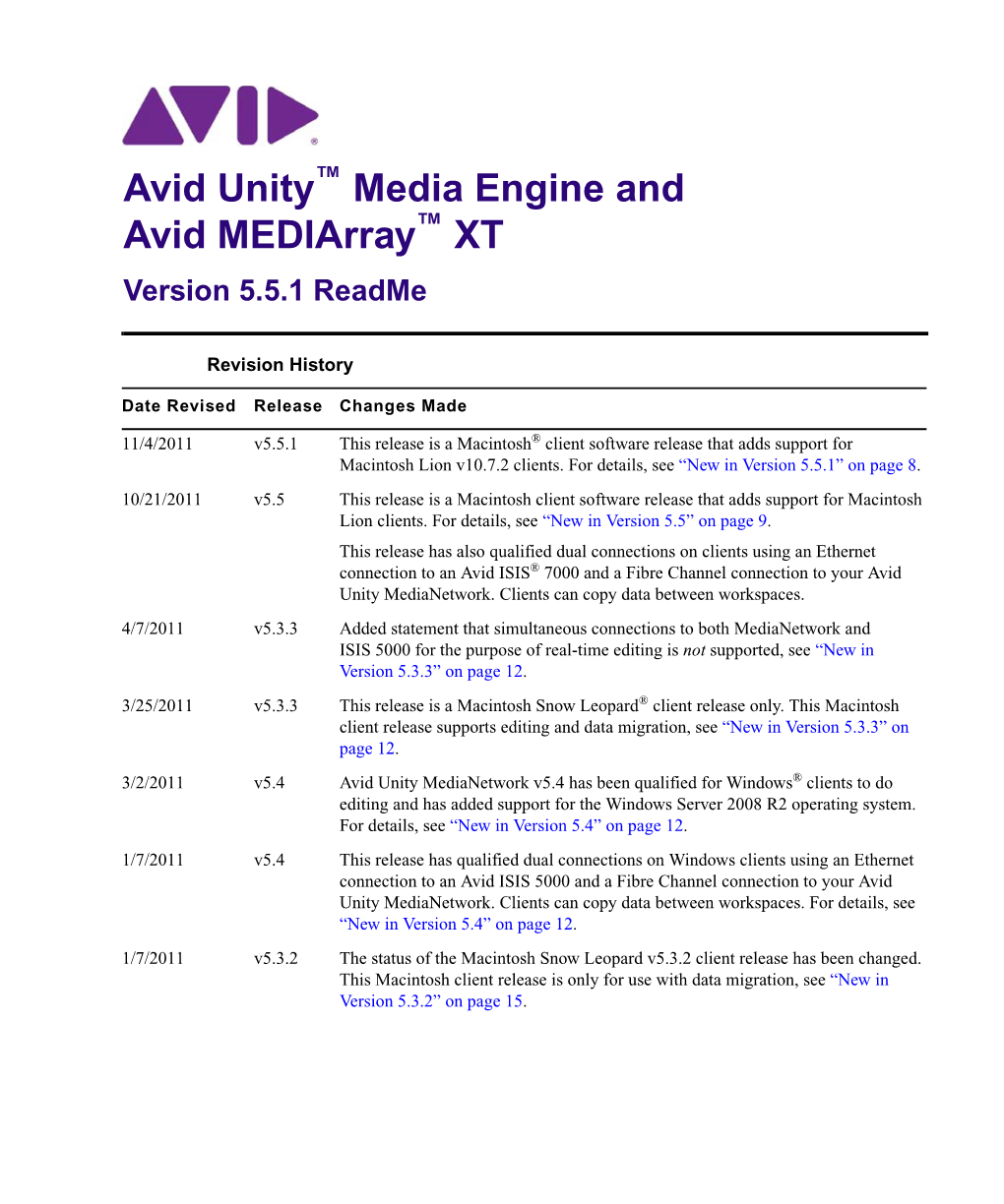 Avid Unity Media Engine and Avid Mediarray XT V5.5.1 Readme
