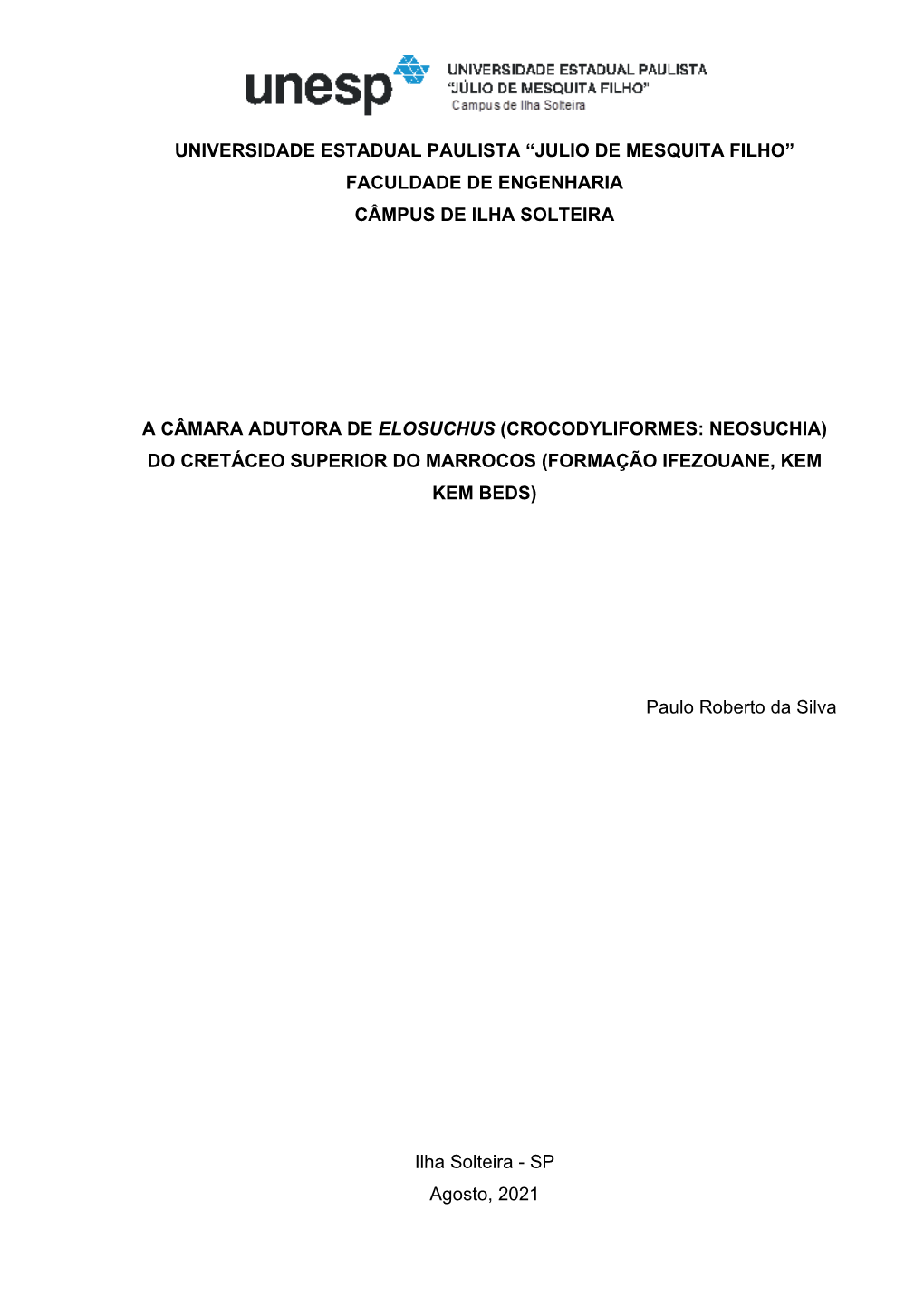 Universidade Estadual Paulista “Julio De Mesquita Filho” Faculdade De Engenharia Câmpus De Ilha Solteira