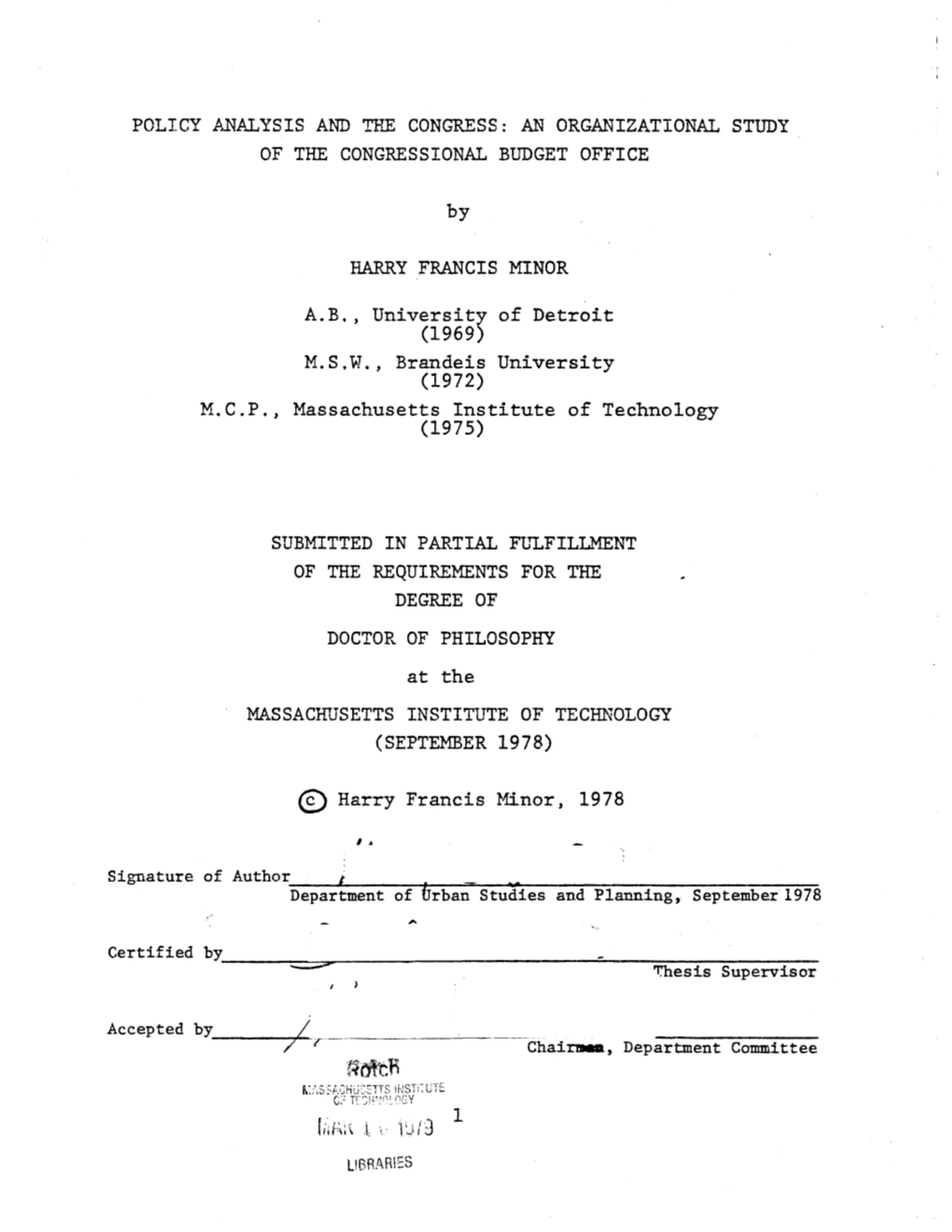 Policy Analysis and the Congress: an Organizational Study of the Congressional Budget Office