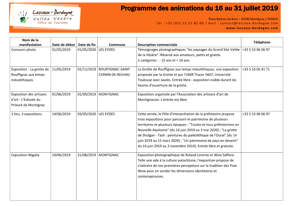 Programme Des Animations Du 16 Au 31 Juillet 2019